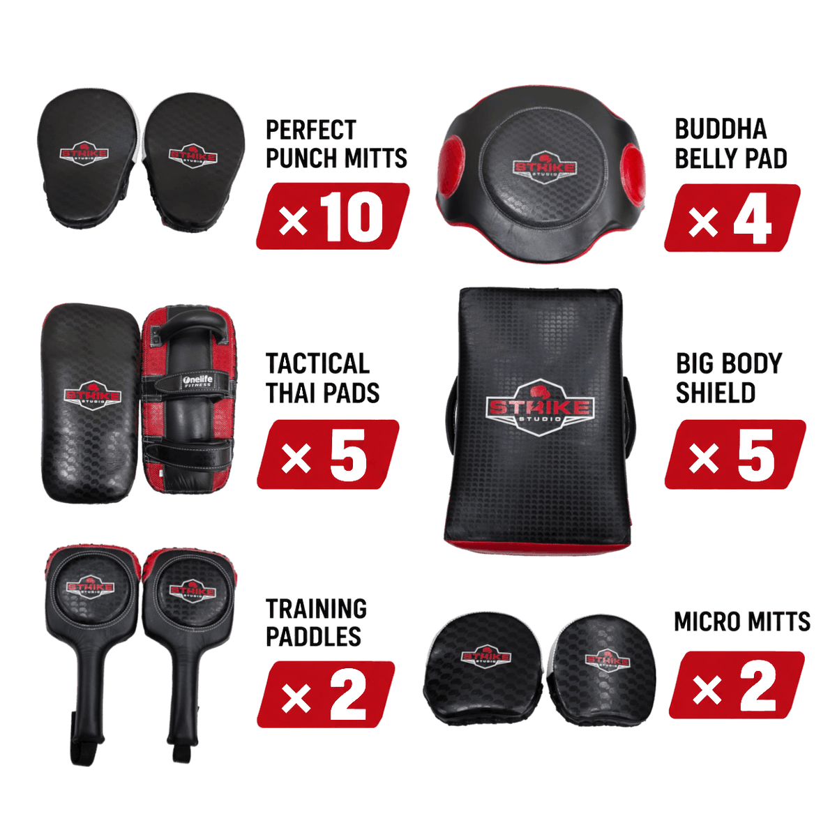 A product bundle graphic showing multiple martial arts training items with quantity labels: perfect punch mitts x10, tactical Thai pads x5, training paddles x2, Buddha belly pad x4, big body shield x5, and micro mitts x2. The items are arranged on a white background with red quantity badges and visible Strike Force branding.