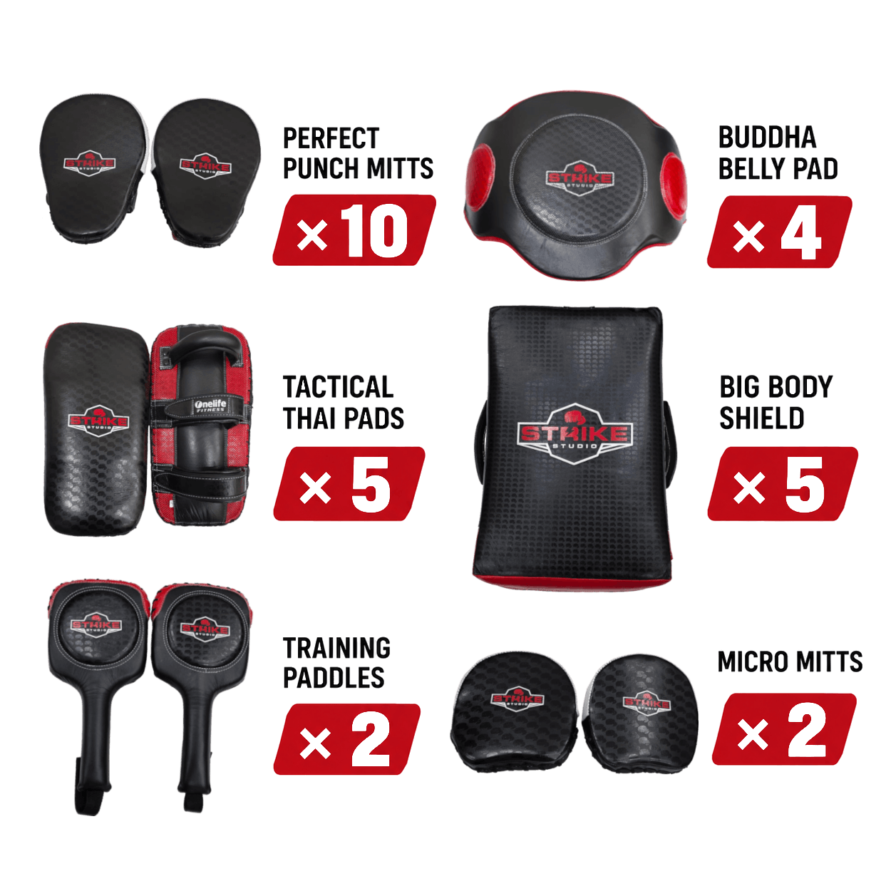 A product bundle graphic showing multiple martial arts training items with quantity labels: perfect punch mitts x10, tactical Thai pads x5, training paddles x2, Buddha belly pad x4, big body shield x5, and micro mitts x2. The items are arranged on a white background with red quantity badges and visible Strike Force branding.