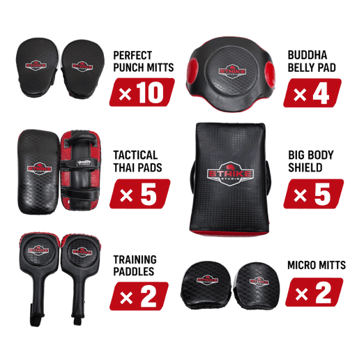 A product bundle graphic showing multiple martial arts training items with quantity labels: perfect punch mitts x10, tactical Thai pads x5, training paddles x2, Buddha belly pad x4, big body shield x5, and micro mitts x2. The items are arranged on a white background with red quantity badges and visible Strike Force branding.