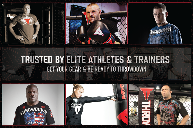 Throwdown trusted by athletes and trainers banner. Randy Couture, Chuck Liddel, Nate Diaz, Rampage Jackson, Ronda Rousey, Wanderlei Silva.