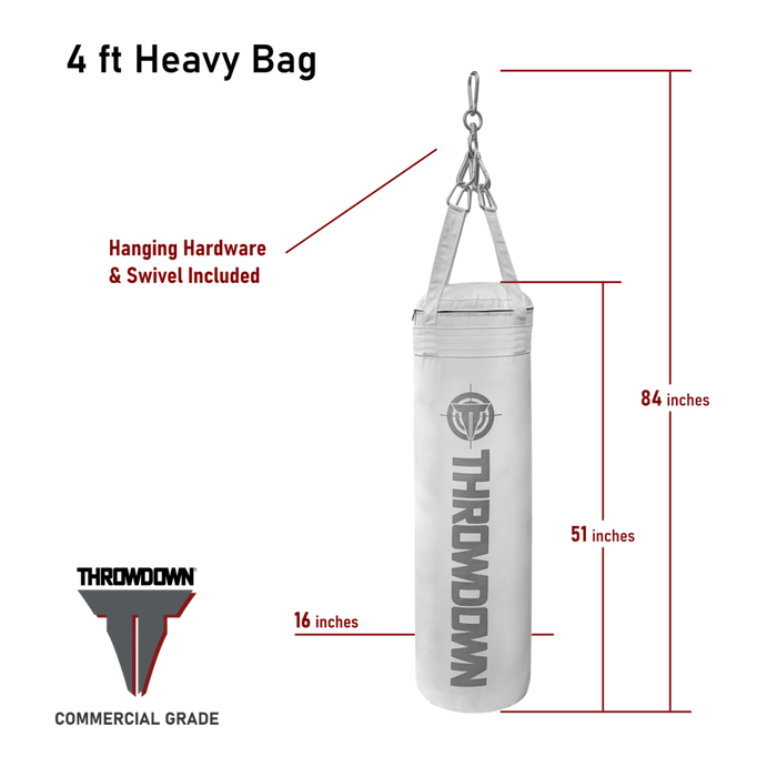 4 Ft White Heavy Bag | Throwdown | Hung display | On included clips | Boxing bag | Technical image | All components\