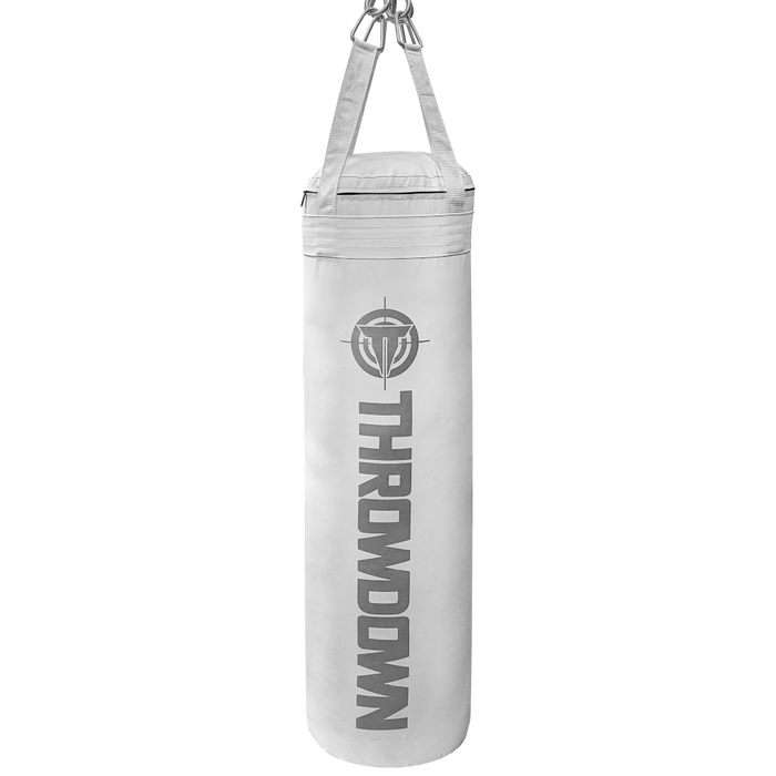 4 Ft White Heavy Bag | Throwdown | Hung display | On included clips | Boxing bag